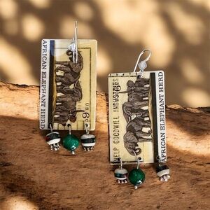 1970 elephant herd vintage stamp cancelled upcycled dangle earrings USA OOAK